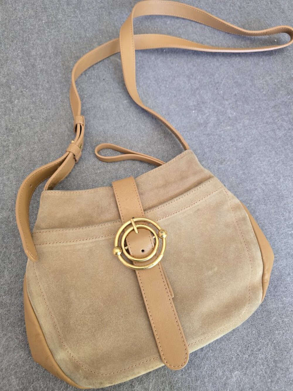Vintage Y2K Furla Suede & Leather Crossbody Bag – Tan Gold Buckle